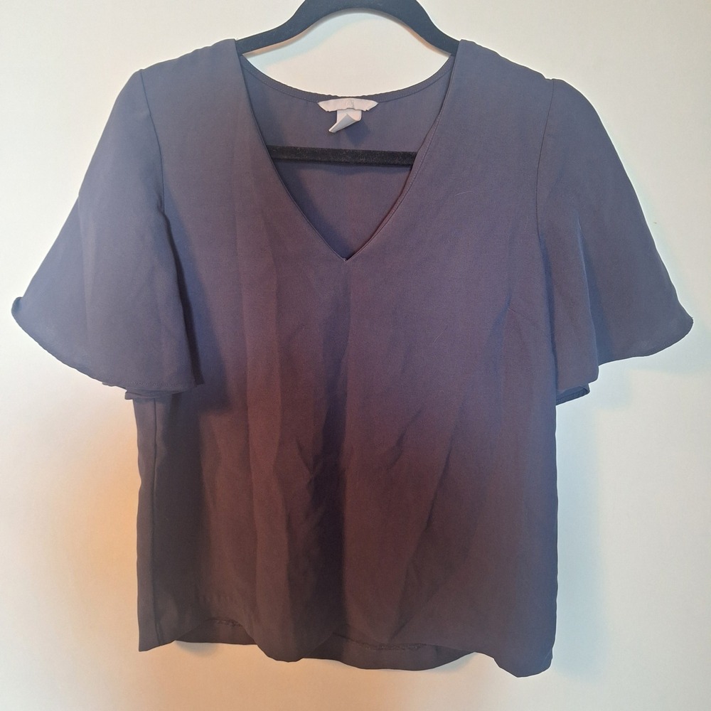 H&M Navy Blue Short Flutter Sleeve V-Neck Blouse Top Size 4 US